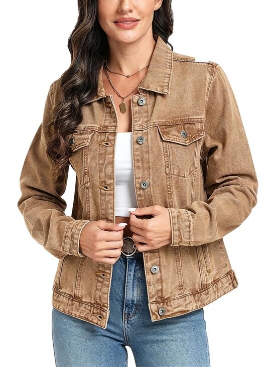 Jackets & Blazers - Women's Brown Jean Basic Long Sleeve Button Down Denim Jackets Daily Wear